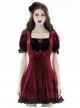 Gothic Style Romantic Velvet Rose Brooch Lace Stitching Burgundy Retro Puff Sleeves Slim Dress