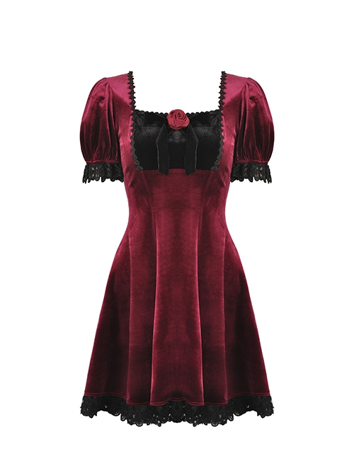 Gothic Style Romantic Velvet Rose Brooch Lace Stitching Burgundy Retro Puff Sleeves Slim Dress