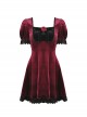 Gothic Style Romantic Velvet Rose Brooch Lace Stitching Burgundy Retro Puff Sleeves Slim Dress