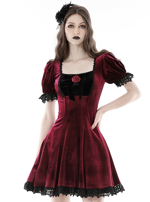 Gothic Style Romantic Velvet Rose Brooch Lace Stitching Burgundy Retro Puff Sleeves Slim Dress