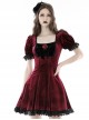 Gothic Style Romantic Velvet Rose Brooch Lace Stitching Burgundy Retro Puff Sleeves Slim Dress