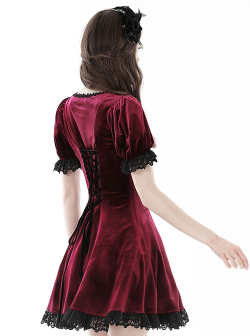 Gothic Style Romantic Velvet Rose Brooch Lace Stitching Burgundy Retro Puff Sleeves Slim Dress