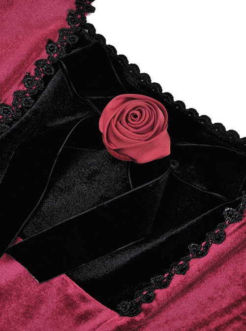 Gothic Style Romantic Velvet Rose Brooch Lace Stitching Burgundy Retro Puff Sleeves Slim Dress