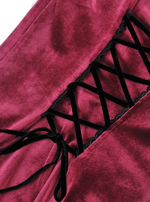 Gothic Style Romantic Velvet Rose Brooch Lace Stitching Burgundy Retro Puff Sleeves Slim Dress