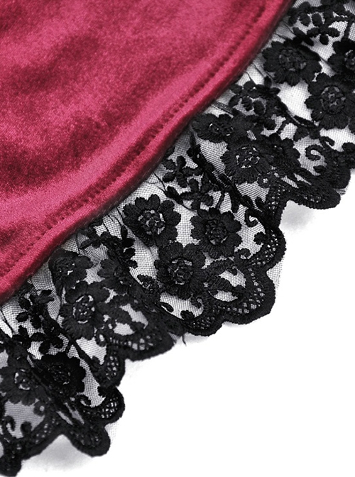 Gothic Style Romantic Velvet Rose Brooch Lace Stitching Burgundy Retro Puff Sleeves Slim Dress
