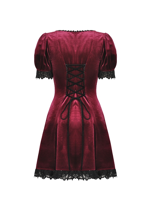 Gothic Style Romantic Velvet Rose Brooch Lace Stitching Burgundy Retro Puff Sleeves Slim Dress