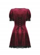 Gothic Style Romantic Velvet Rose Brooch Lace Stitching Burgundy Retro Puff Sleeves Slim Dress