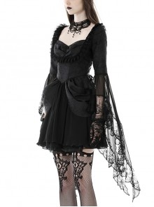 Gothic Style Romantic Curtain Hem Design Palace Exaggerated Lace Splicing Sleeves Black Short Dress
