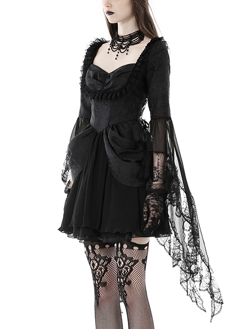 Gothic Style Romantic Curtain Hem Design Palace Exaggerated Lace Splicing Sleeves Black Short Dress