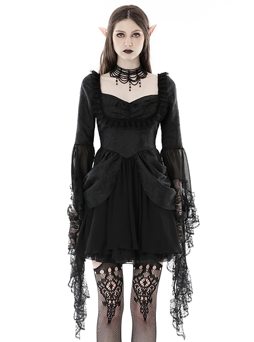 Gothic Style Romantic Curtain Hem Design Palace Exaggerated Lace Splicing Sleeves Black Short Dress
