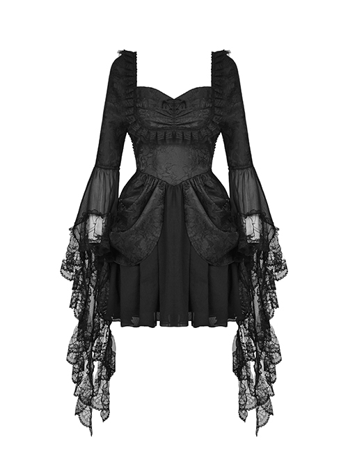 Gothic Style Romantic Curtain Hem Design Palace Exaggerated Lace Splicing Sleeves Black Short Dress