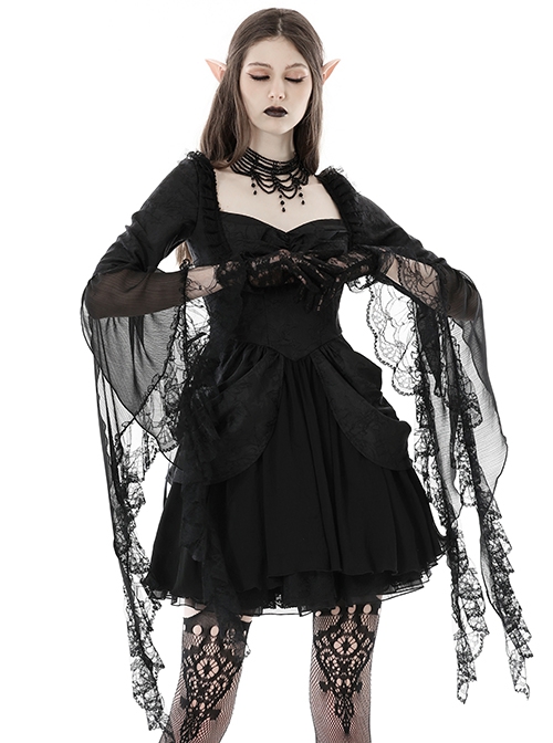 Gothic Style Romantic Curtain Hem Design Palace Exaggerated Lace Splicing Sleeves Black Short Dress