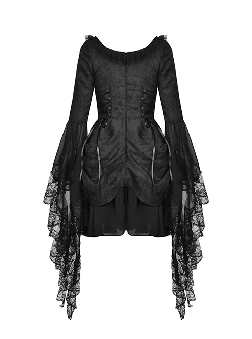 Gothic Style Romantic Curtain Hem Design Palace Exaggerated Lace Splicing Sleeves Black Short Dress