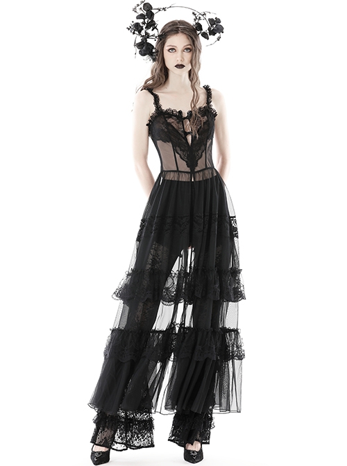 Gothic Style Sexy Transparent Heart Shape Lace On The Chest Maxi Suspender Smock Mesh Dress
