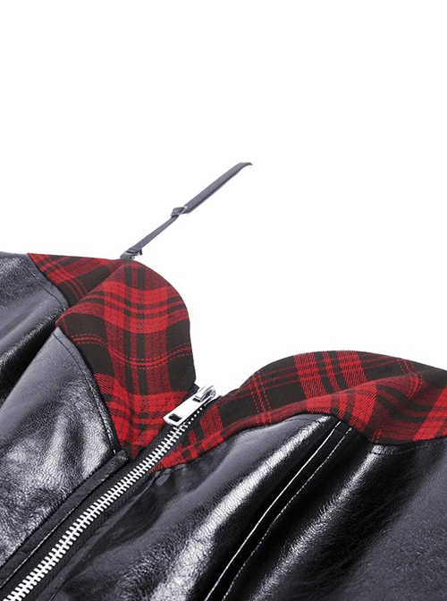 Punk Motorcycle Style Red Plaid Splicing Chest Cool PU Leather Metal Buckle Black Suspender Zipper Dress