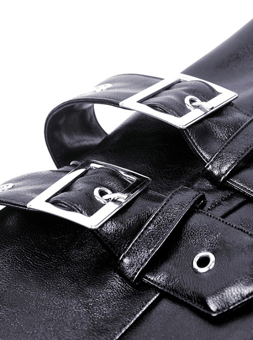 Punk Motorcycle Style Red Plaid Splicing Chest Cool PU Leather Metal Buckle Black Suspender Zipper Dress
