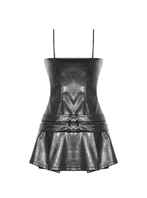 Punk Motorcycle Style Red Plaid Splicing Chest Cool PU Leather Metal Buckle Black Suspender Zipper Dress