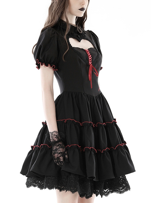 Gothic Style Lapel Love Heart Hollow On The Chest Red Cross Straps Black Retro Ruffled Puff Sleeves Dress