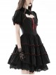 Gothic Style Lapel Love Heart Hollow On The Chest Red Cross Straps Black Retro Ruffled Puff Sleeves Dress