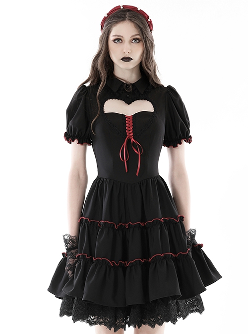 Gothic Style Lapel Love Heart Hollow On The Chest Red Cross Straps Black Retro Ruffled Puff Sleeves Dress