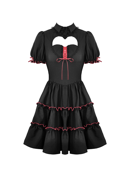 Gothic Style Lapel Love Heart Hollow On The Chest Red Cross Straps Black Retro Ruffled Puff Sleeves Dress