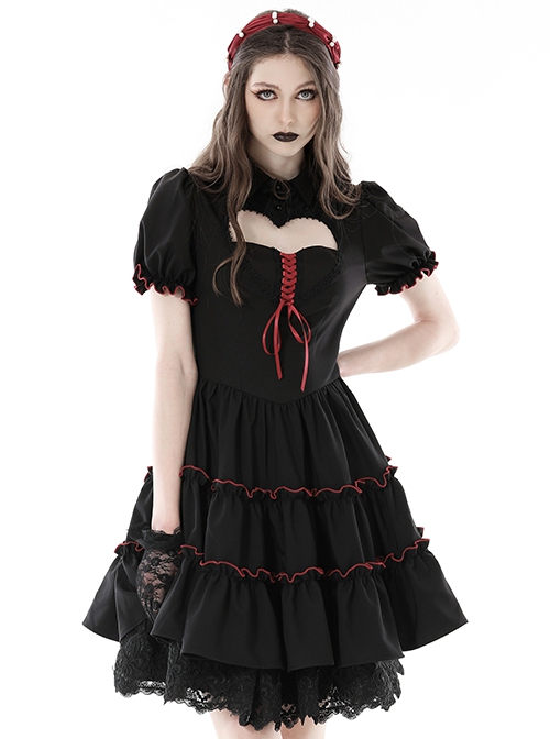 Gothic Style Lapel Love Heart Hollow On The Chest Red Cross Straps Black Retro Ruffled Puff Sleeves Dress