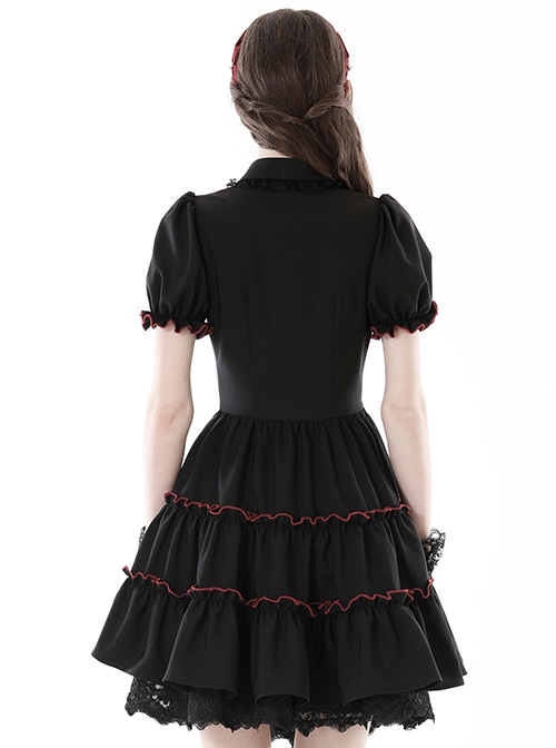 Gothic Style Lapel Love Heart Hollow On The Chest Red Cross Straps Black Retro Ruffled Puff Sleeves Dress