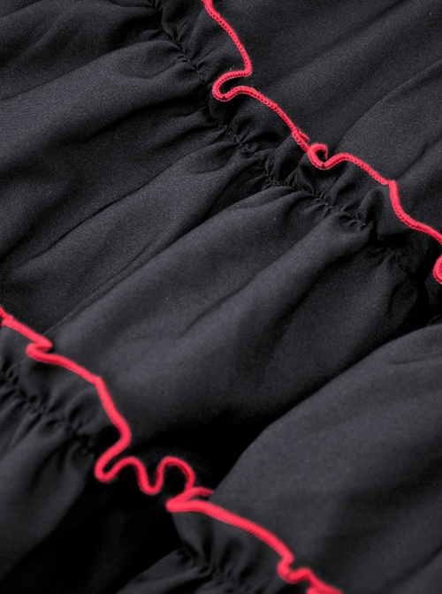 Gothic Style Lapel Love Heart Hollow On The Chest Red Cross Straps Black Retro Ruffled Puff Sleeves Dress