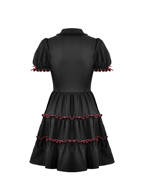 Gothic Style Lapel Love Heart Hollow On The Chest Red Cross Straps Black Retro Ruffled Puff Sleeves Dress