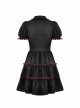 Gothic Style Lapel Love Heart Hollow On The Chest Red Cross Straps Black Retro Ruffled Puff Sleeves Dress