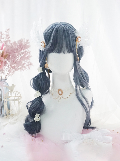 Aquarius Series Indigo Gray Blue Antiquity Elegant Big Wavy Long Curly Hair Classic Lolita Full Head Wig