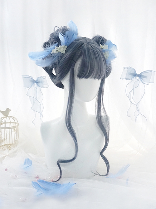 Aquarius Series Indigo Gray Blue Antiquity Elegant Big Wavy Long Curly Hair Classic Lolita Full Head Wig
