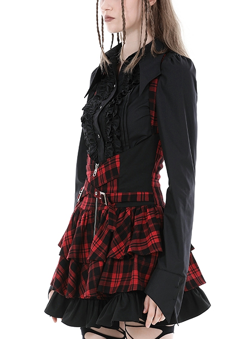 Punk Style Rock Red And Black Plaid Frill Metal Buckle Decorated Drawstring Design Halter Cake Dress