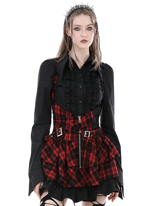 Punk Style Rock Red And Black Plaid Frill Metal Buckle Decorated Drawstring Design Halter Cake Dress