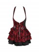 Punk Style Rock Red And Black Plaid Frill Metal Buckle Decorated Drawstring Design Halter Cake Dress