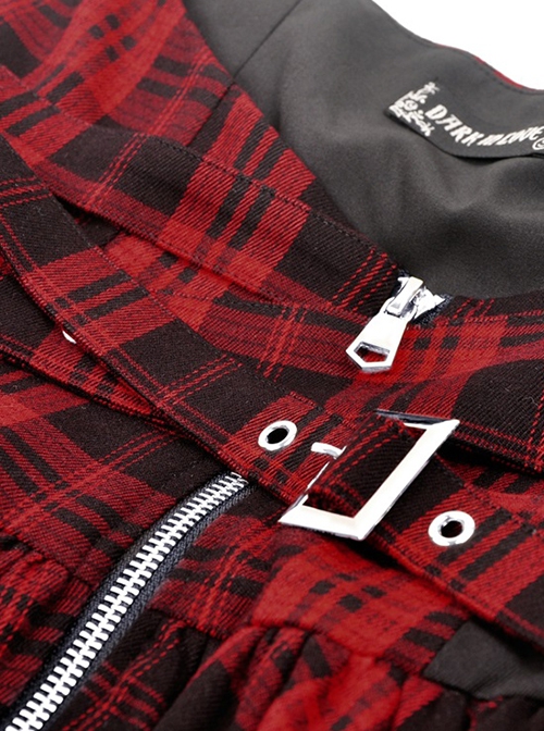 Punk Style Rock Red And Black Plaid Frill Metal Buckle Decorated Drawstring Design Halter Cake Dress