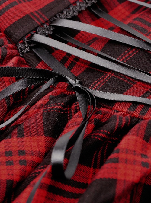 Punk Style Rock Red And Black Plaid Frill Metal Buckle Decorated Drawstring Design Halter Cake Dress