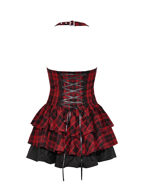 Punk Style Rock Red And Black Plaid Frill Metal Buckle Decorated Drawstring Design Halter Cake Dress
