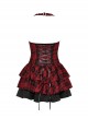Punk Style Rock Red And Black Plaid Frill Metal Buckle Decorated Drawstring Design Halter Cake Dress