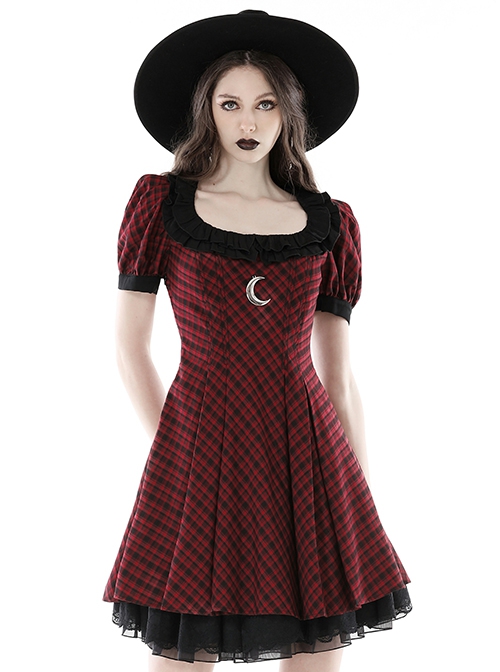 Gothic Style Elegant Ruffled Square Collar Metal Moon Pendant Decorated Red Plaid Puff Sleeves Short Dress