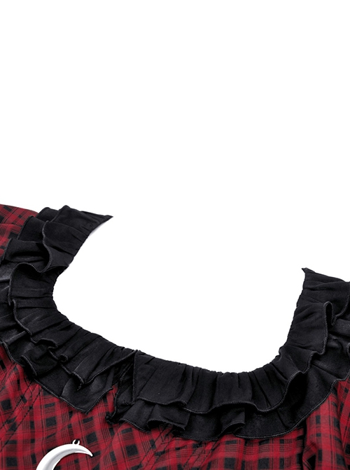 Gothic Style Elegant Ruffled Square Collar Metal Moon Pendant Decorated Red Plaid Puff Sleeves Short Dress