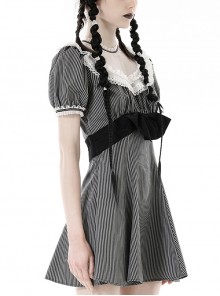 Gothic Style White Lace Mesh Spliced Neckline Waist Sweet Bowknot Black Striped Puff Sleeves Dress