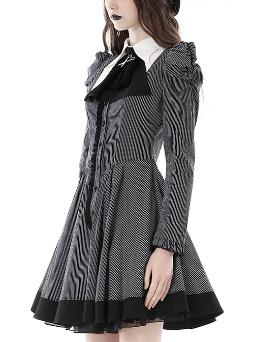 Gothic Style Bow Tie Unique Metal Scissors Decoration Black And White Striped College Style Puff Sleeves Dress