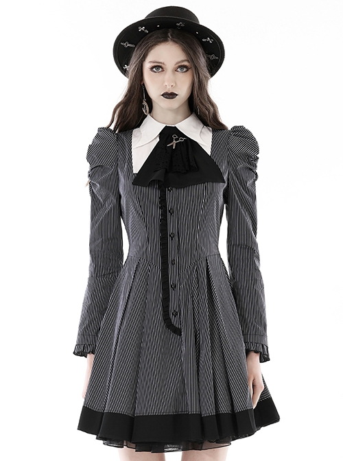 Gothic Style Bow Tie Unique Metal Scissors Decoration Black And White Striped College Style Puff Sleeves Dress