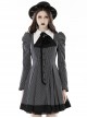 Gothic Style Bow Tie Unique Metal Scissors Decoration Black And White Striped College Style Puff Sleeves Dress