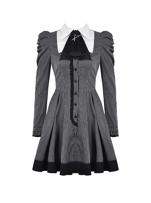 Gothic Style Bow Tie Unique Metal Scissors Decoration Black And White Striped College Style Puff Sleeves Dress