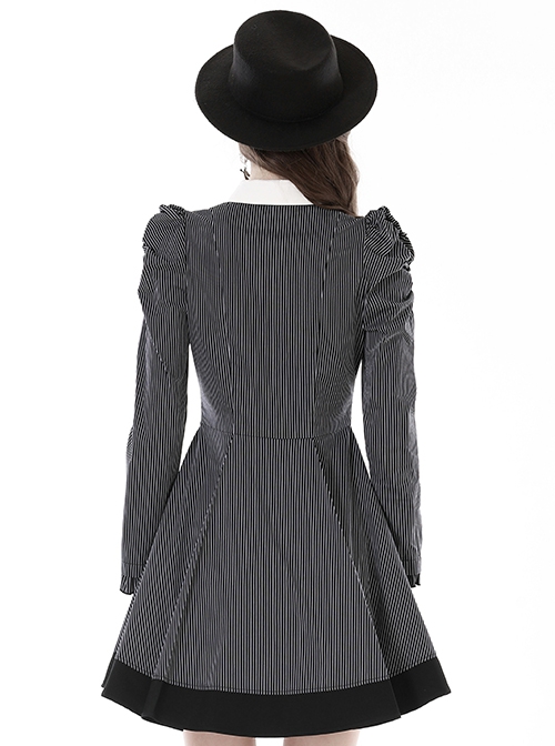 Gothic Style Bow Tie Unique Metal Scissors Decoration Black And White Striped College Style Puff Sleeves Dress