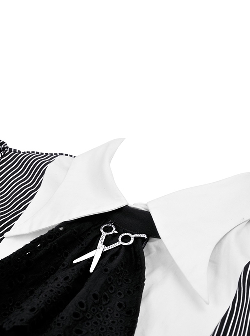 Gothic Style Bow Tie Unique Metal Scissors Decoration Black And White Striped College Style Puff Sleeves Dress