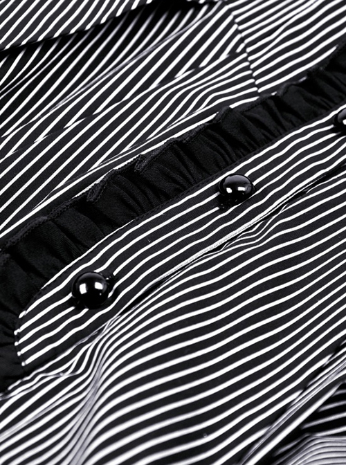 Gothic Style Bow Tie Unique Metal Scissors Decoration Black And White Striped College Style Puff Sleeves Dress
