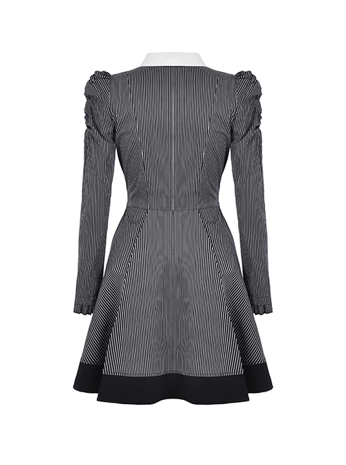 Gothic Style Bow Tie Unique Metal Scissors Decoration Black And White Striped College Style Puff Sleeves Dress